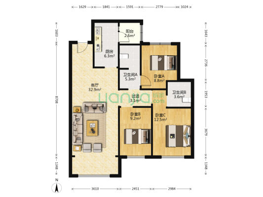 招商贝肯山六期B 3室1厅2卫 120平方