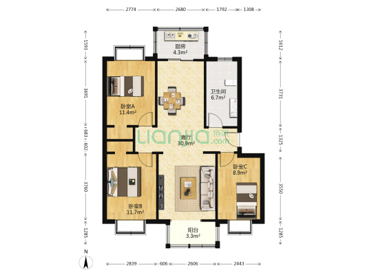 越秀园东区 3室1厅1卫 102平方