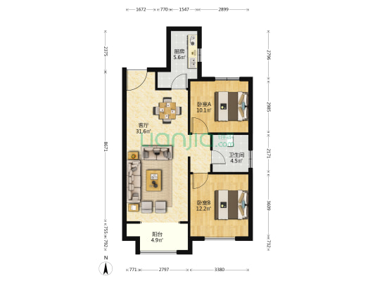 航企国际社区二期 2室1厅1卫 105平方