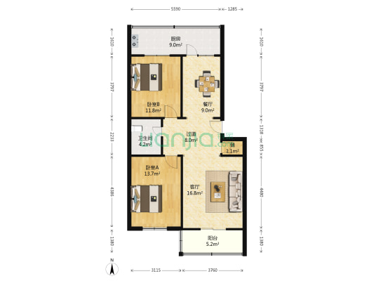 供电长安小区 2室2厅1卫 89平方