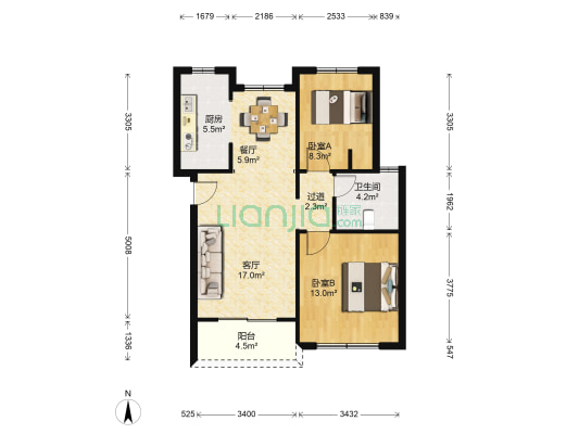 清风花苑 2室2厅1卫 83平方