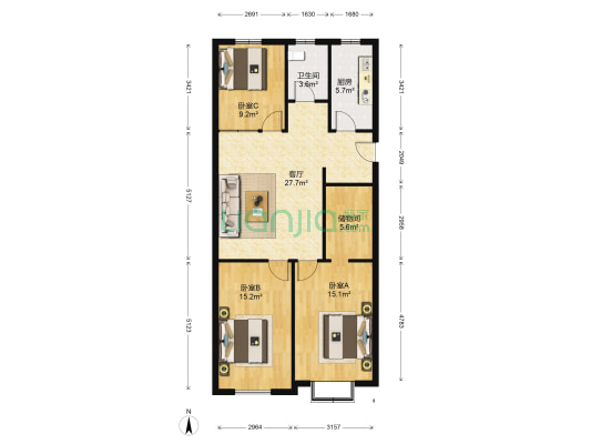 恒信茉莉公馆 3室1厅1卫 102平方