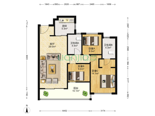 远洋世纪宸章 3室1厅2卫 104平方