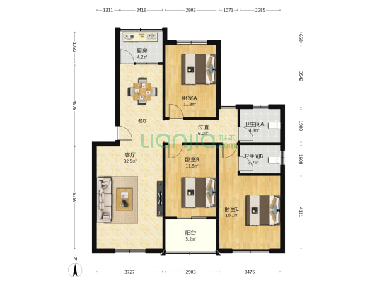 集岑路 3室1厅2卫 110平方
