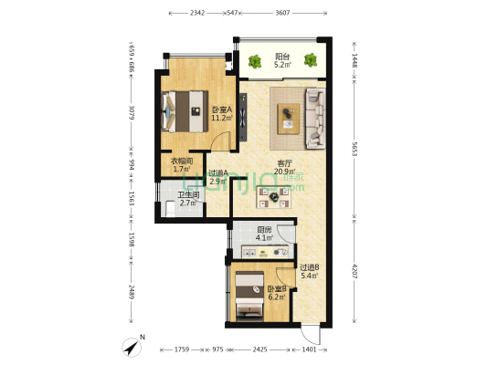 千江悦一期B区 2室1厅1卫 69平方