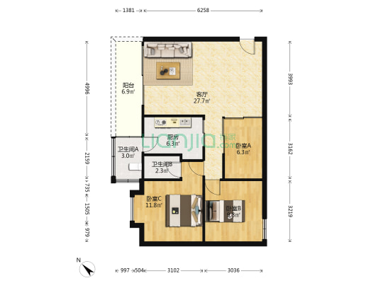 明汇苑 3室1厅2卫 83平方