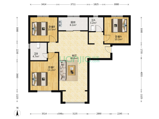 万科金域华府三期 3室1厅2卫 125平方