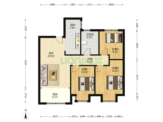 凭海临风五期锦苑 3室1厅1卫 108平方
