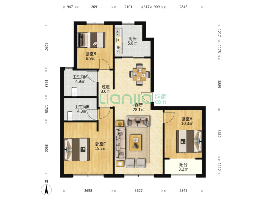 平江学府 3室1厅2卫 128平方