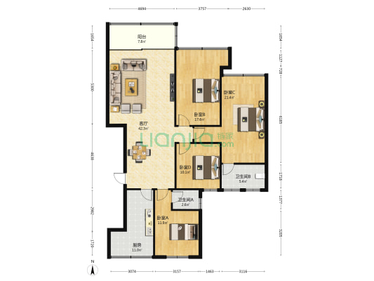 蓝色家园(滨海二路) 4室1厅2卫 152平方