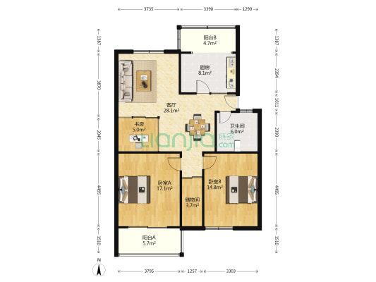 南方公寓 3室1厅1卫 105平方