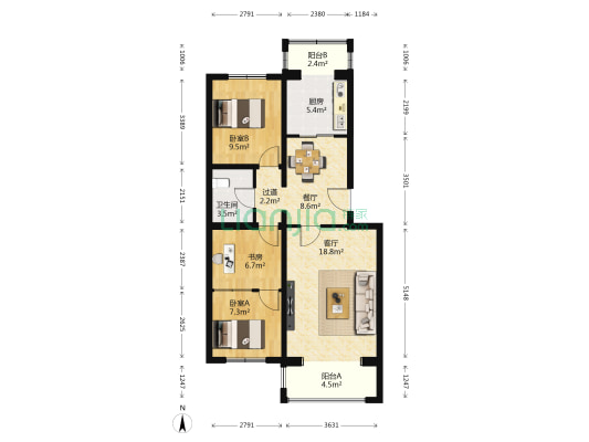 映翠居 3室2厅1卫 91平方