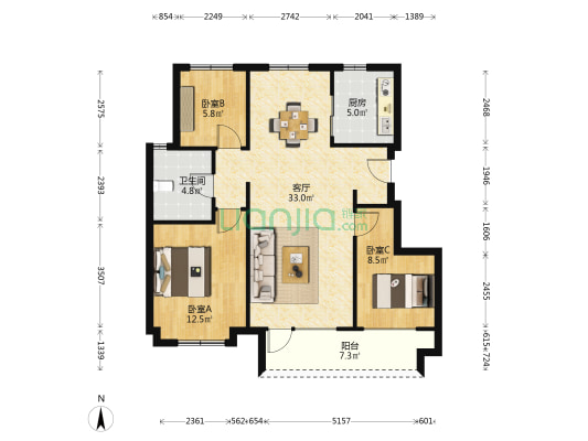 金地城E5区 3室1厅1卫 97平方