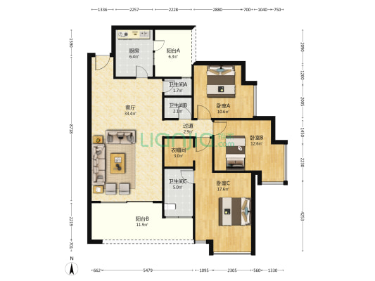 吉安园大坪小区 3室1厅3卫 130平方
