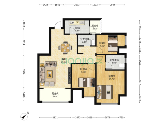 海成天生别院 3室1厅2卫 97平方