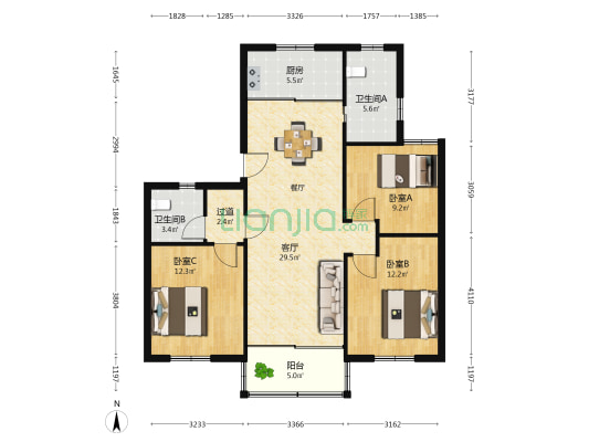 龙柏小区北 3室1厅2卫 99平方
