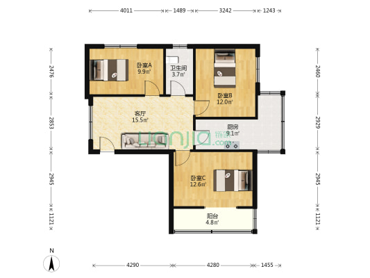 环保局宿舍 3室1厅1卫 77平方