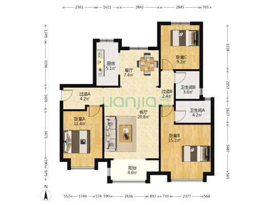 润江·翡丽公馆 3室2厅2卫 128平方