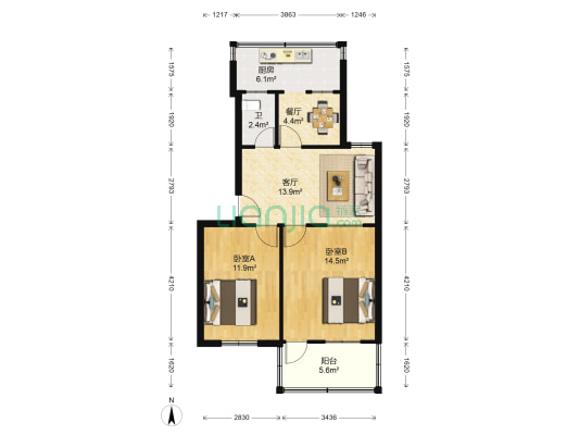 泰山饭店宿舍 2室2厅1卫 68平方