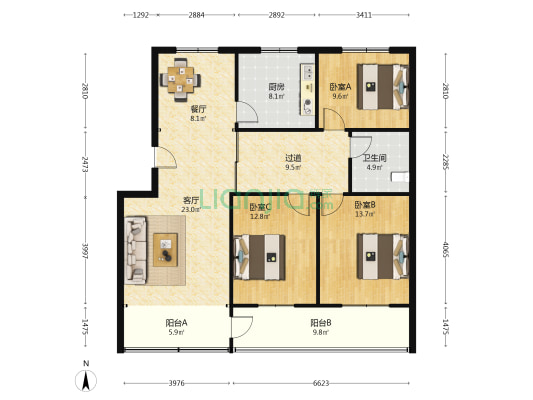 银泰紫荆城 3室2厅1卫 121平方