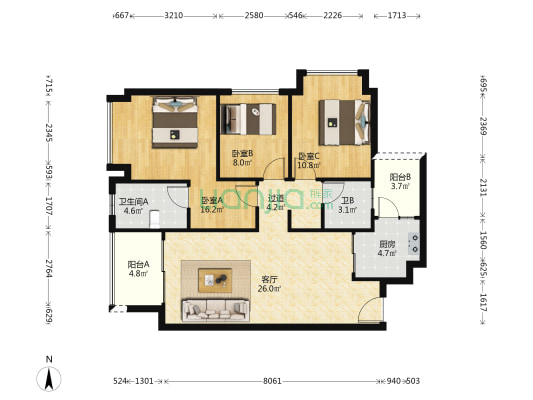 融创·云麓长林 3室1厅2卫 105平方