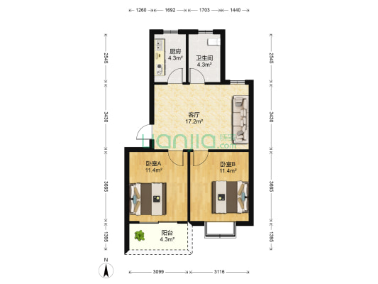 时代阳光小区南区 2室1厅1卫 67平方