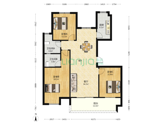 香格里拉公馆 3室1厅2卫 125平方