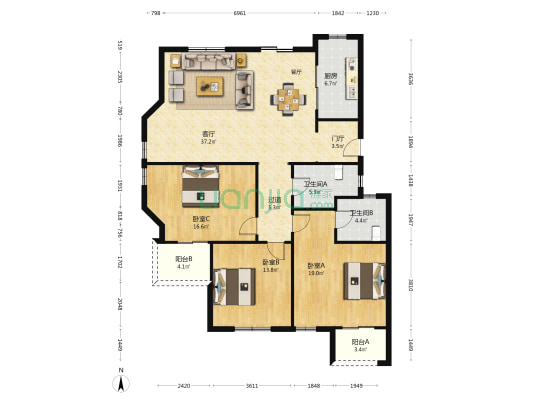 沣桥艺墅家小区 3室1厅2卫 140平方
