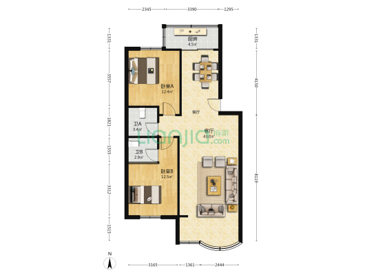 帝登花园 2室1厅2卫 90平方