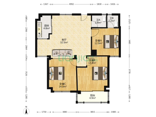 凯鸿大厦 3室1厅2卫 123平方