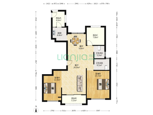 都会森林 2室2厅2卫 119平方