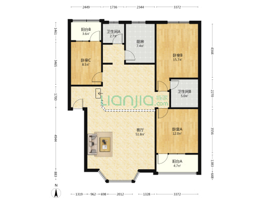 金强城市小区 3室1厅2卫 129平方