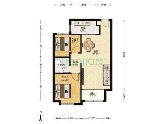 富力城A区 2室1厅1卫 83平方