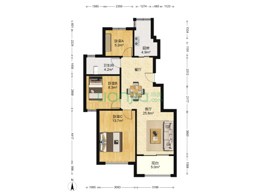 恒威君和院 3室1厅1卫 89平方