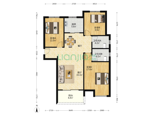 亚新美好天境 3室1厅2卫 122平方