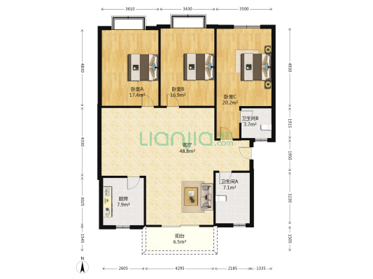 广场花园 3室1厅2卫 136平方