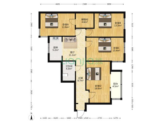 儒园公寓 4室1厅1卫 131平方