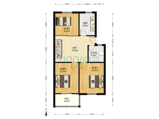 田家桥 3室1厅1卫 77平方