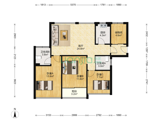 香缇公馆 3室1厅2卫 89平方