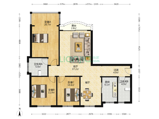 长城嘉峪苑 3室1厅2卫 136平方