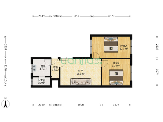 大学路110号 2室1厅1卫 58平方