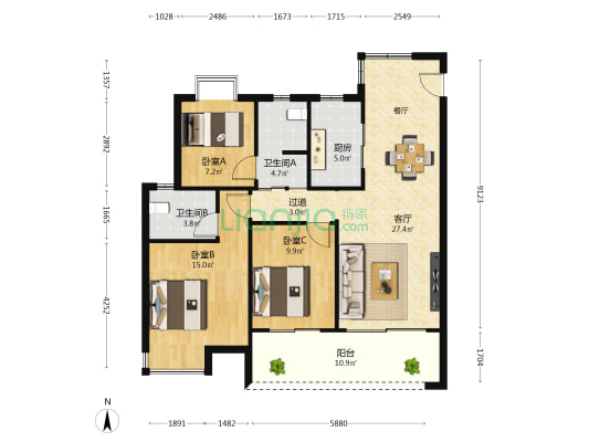 中大景 3室1厅2卫 111平方