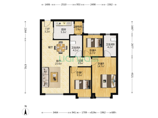 电建洺悦府 3室1厅2卫 106平方