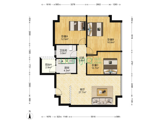 盈港国际 3室1厅1卫 139平方