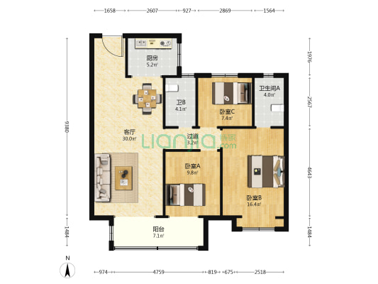 中大城 3室1厅2卫 118平方