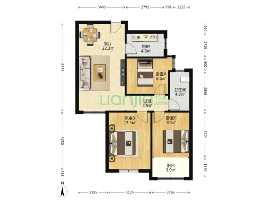 三星阳光水岸 3室1厅1卫 96平方