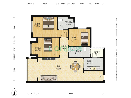 十里长江澜庭南区 3室1厅2卫 112平方