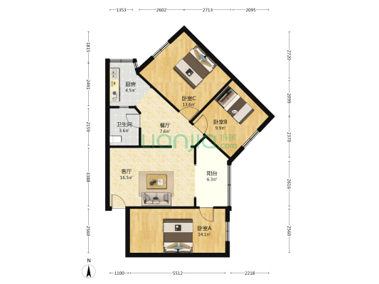 八二宿舍一区 3室2厅1卫 91平方