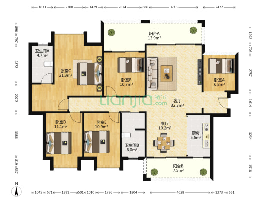 广源华府 5室2厅2卫 155平方