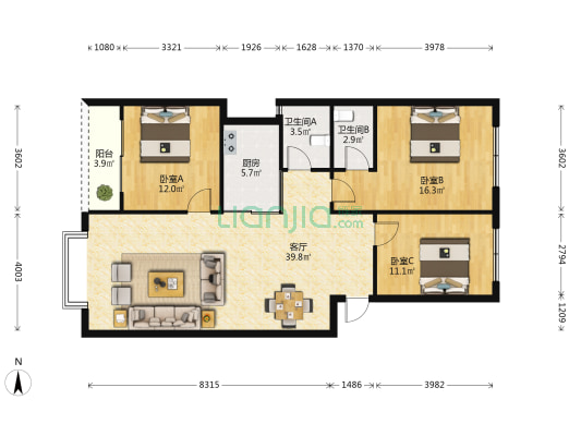 海天花园 3室1厅2卫 119平方